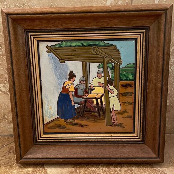 Antique Don Quixote Scene 8” Enameled Clay 8” Square Tiles Custom Framed - Picture 3 of 16
